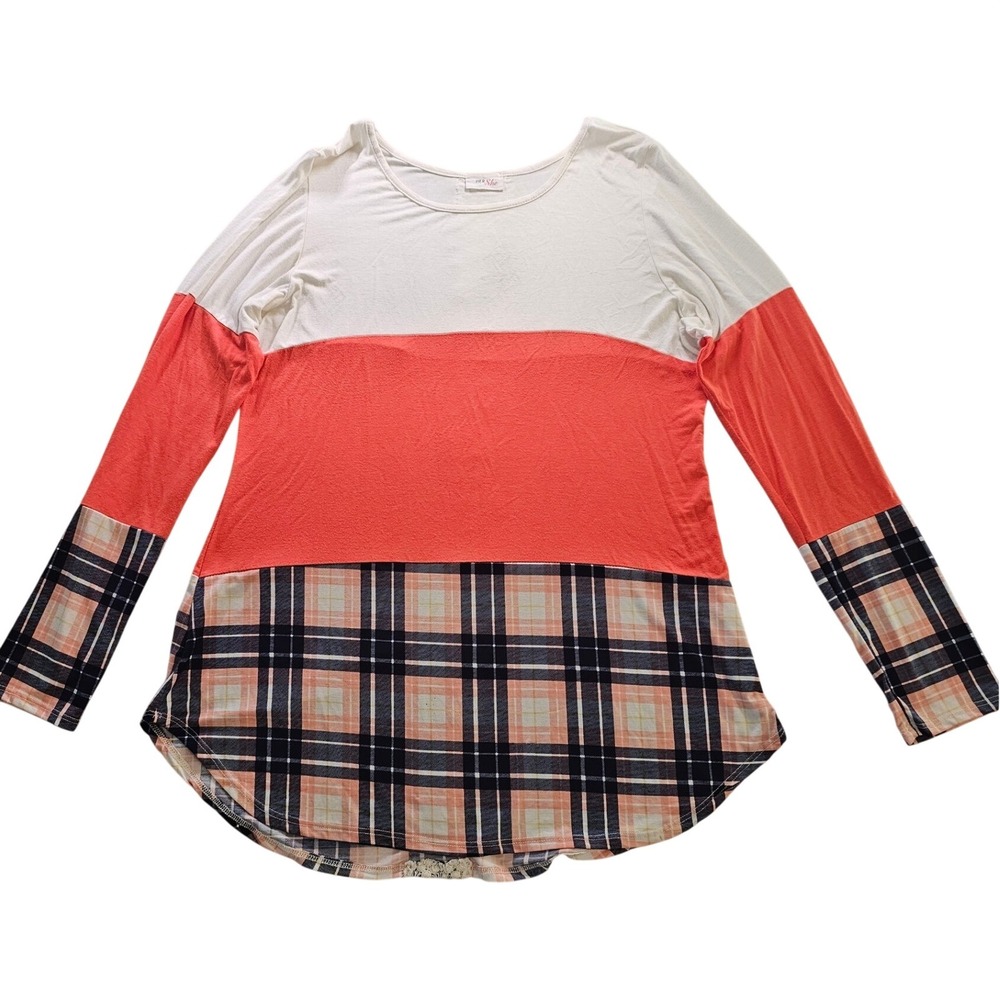Her She Womens Colorblock Plaid Lace Back Long Sleeve Top Coral White Navy XL